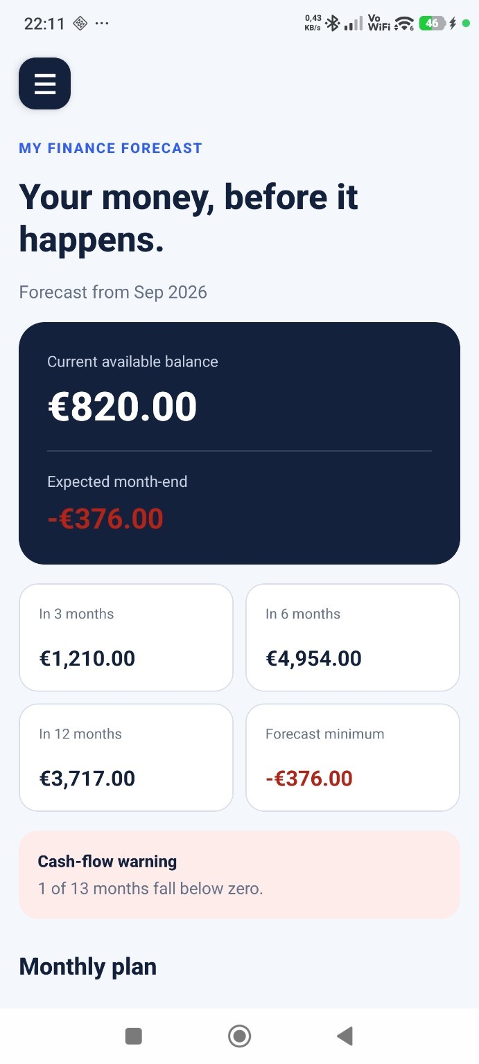 My Finance Forecast dashboard with balance and cash flow forecast